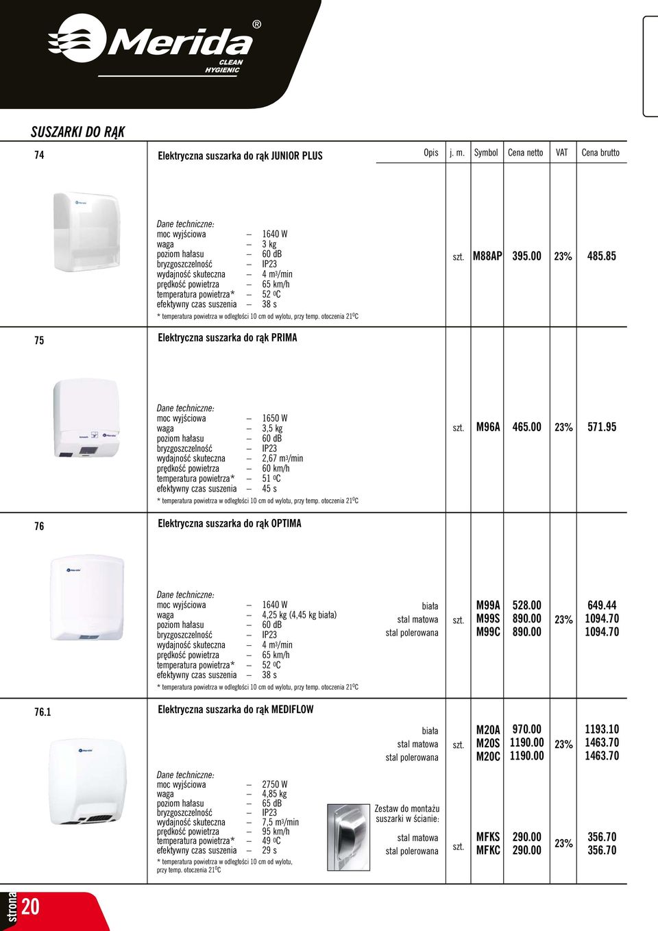 85 75 Elektryczna suszarka do rąk PRIMA Dane techniczne: moc wyjściowa 1650 W waga 3,5 kg poziom hałasu 60 db bryzgoszczelność IP23 wydajność skuteczna 2,67 m 3 /min prędkość powietrza 60 km/h