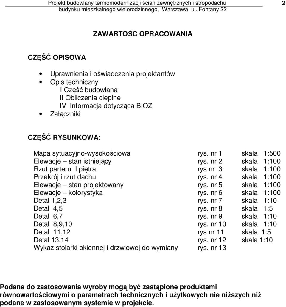 nr 4 skala 1:100 Elewacje stan projektowany rys. nr 5 skala 1:100 Elewacje kolorystyka rys. nr 6 skala 1:100 Detal 1,2,3 rys. nr 7 skala 1:10 Detal 4,5 rys. nr 8 skala 1:5 Detal 6,7 rys.