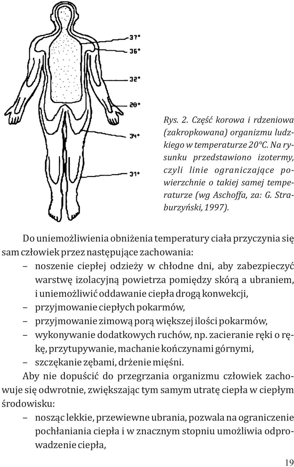 Do uniemożliwienia obniżenia temperatury ciała przyczynia się sam człowiek przez następujące zachowania: noszenie ciepłej odzieży w chłodne dni, aby zabezpieczyć warstwę izolacyjną powietrza pomiędzy