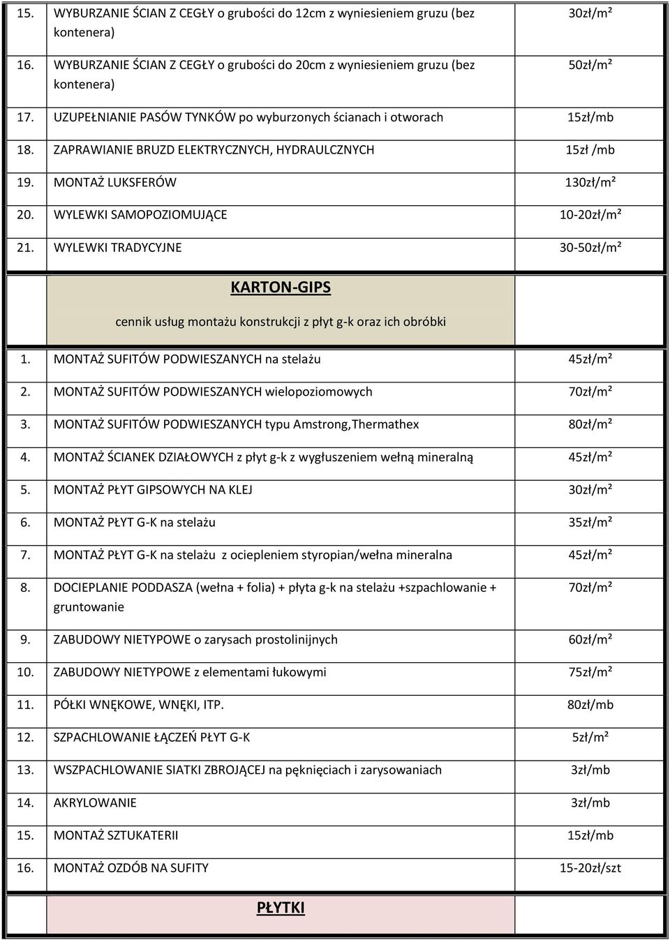 WYLEWKI SAMOPOZIOMUJĄCE 10-20zł/m² 21. WYLEWKI TRADYCYJNE 30-50zł/m² KARTON-GIPS cennik usług montażu konstrukcji z płyt g-k oraz ich obróbki 1. MONTAŻ SUFITÓW PODWIESZANYCH na stelażu 45zł/m² 2.