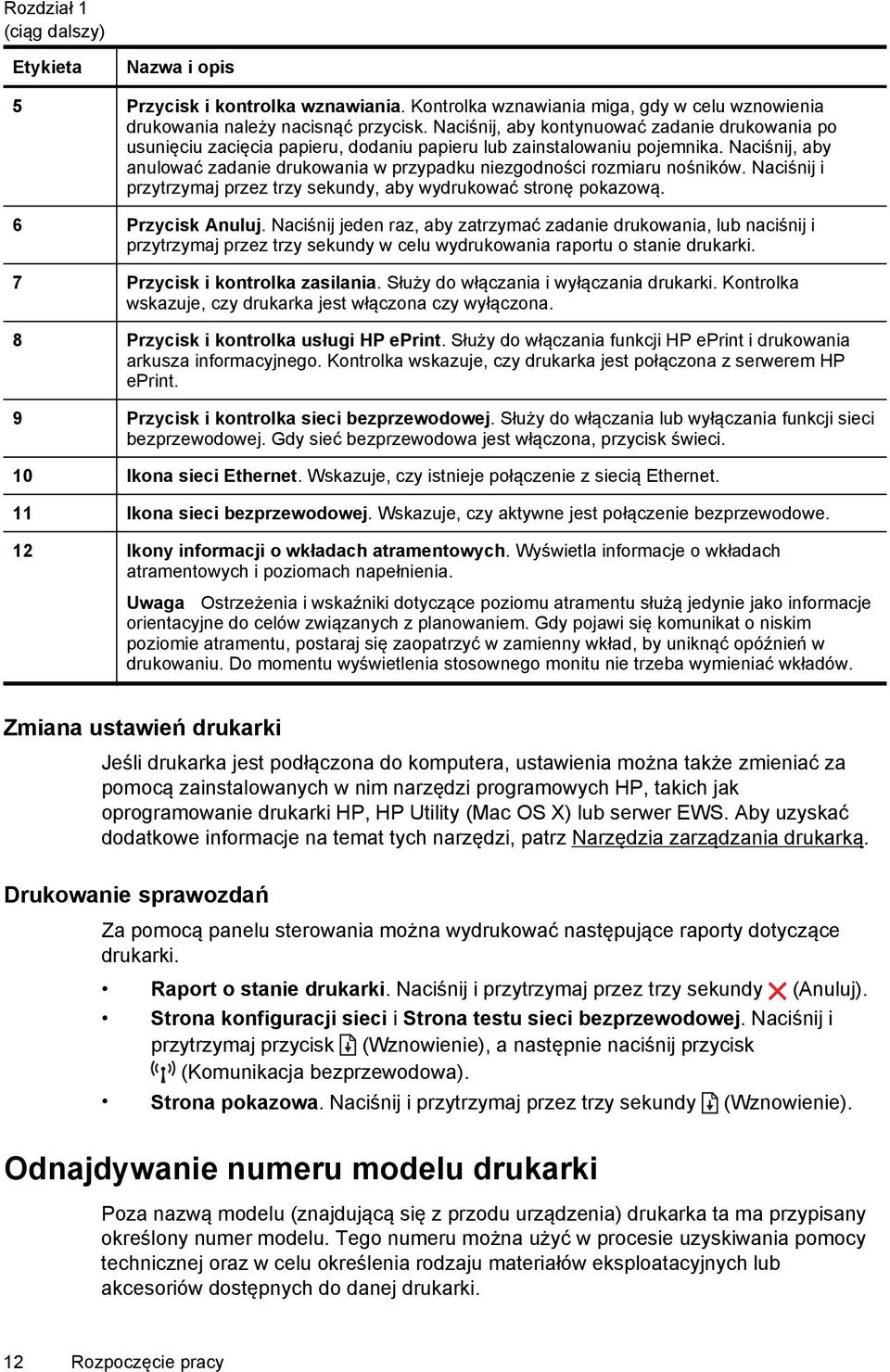 Naciśnij, aby anulować zadanie drukowania w przypadku niezgodności rozmiaru nośników. Naciśnij i przytrzymaj przez trzy sekundy, aby wydrukować stronę pokazową. 6 Przycisk Anuluj.