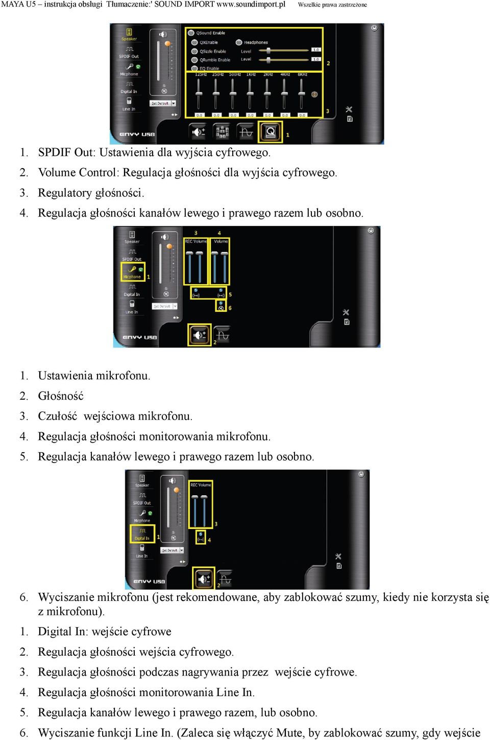 Wyciszanie mikrofonu (jest rekomendowane, aby zablokować szumy, kiedy nie korzysta się z mikrofonu). 1. Digital In: wejście cyfrowe 2. Regulacja głośności wejścia cyfrowego. 3.