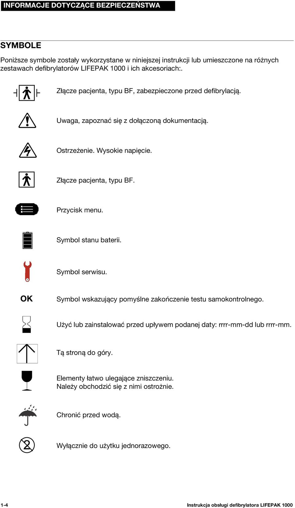 Symbol stanu baterii. Symbol serwisu. OK Symbol wskazujący pomyślne zakończenie testu samokontrolnego. Użyć lub zainstalować przed upływem podanej daty: rrrr-mm-dd lub rrrr-mm.