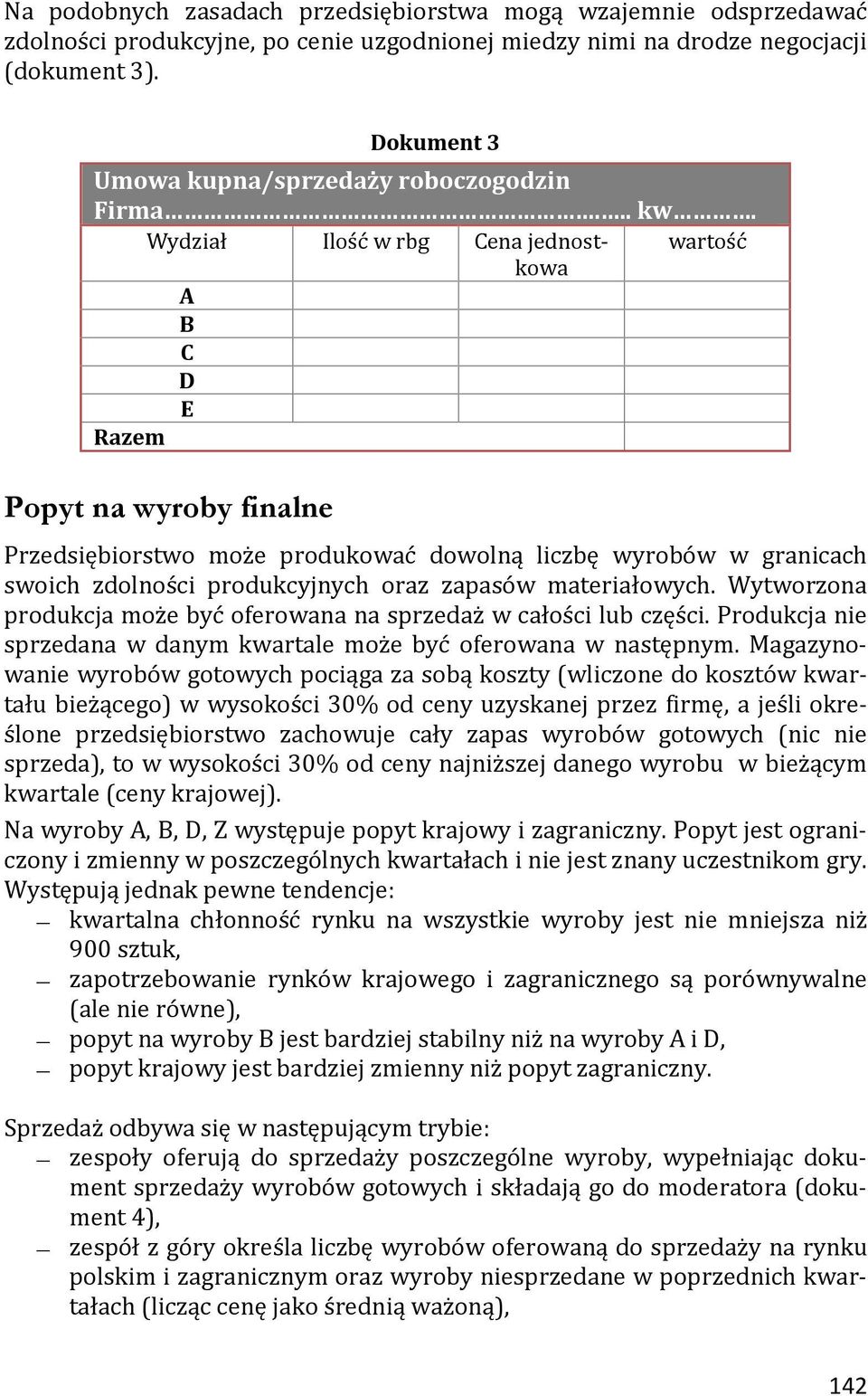 Wydział Ilość w rbg Cena jednostkowa wartość A B C D E Razem Popyt na wyroby finalne Przedsiębiorstwo może produkować dowolną liczbę wyrobów w granicach swoich zdolności produkcyjnych oraz zapasów