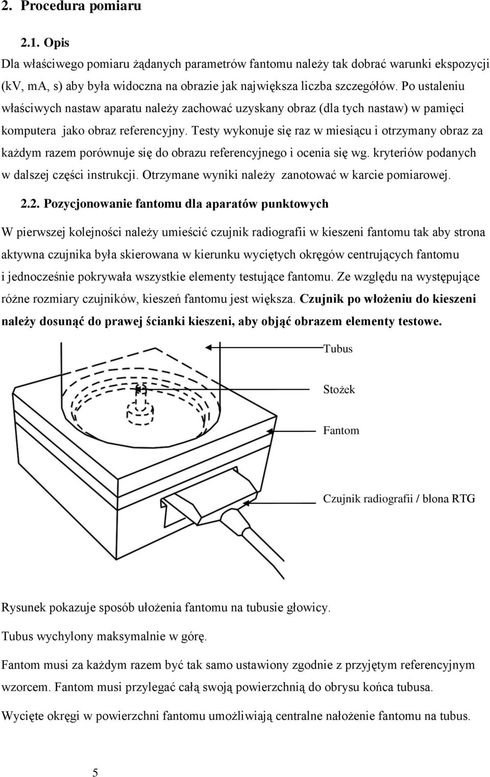 Testy wykonuje się raz w miesiącu i otrzymany obraz za każdym razem porównuje się do obrazu referencyjnego i ocenia się wg. kryteriów podanych w dalszej części instrukcji.