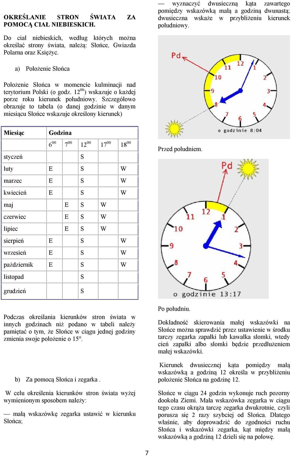 a) Położenie Słońca Położenie Słońca w momencie kulminacji nad terytorium Polski (o godz. 12 00 ) wskazuje o każdej porze roku kierunek południowy.