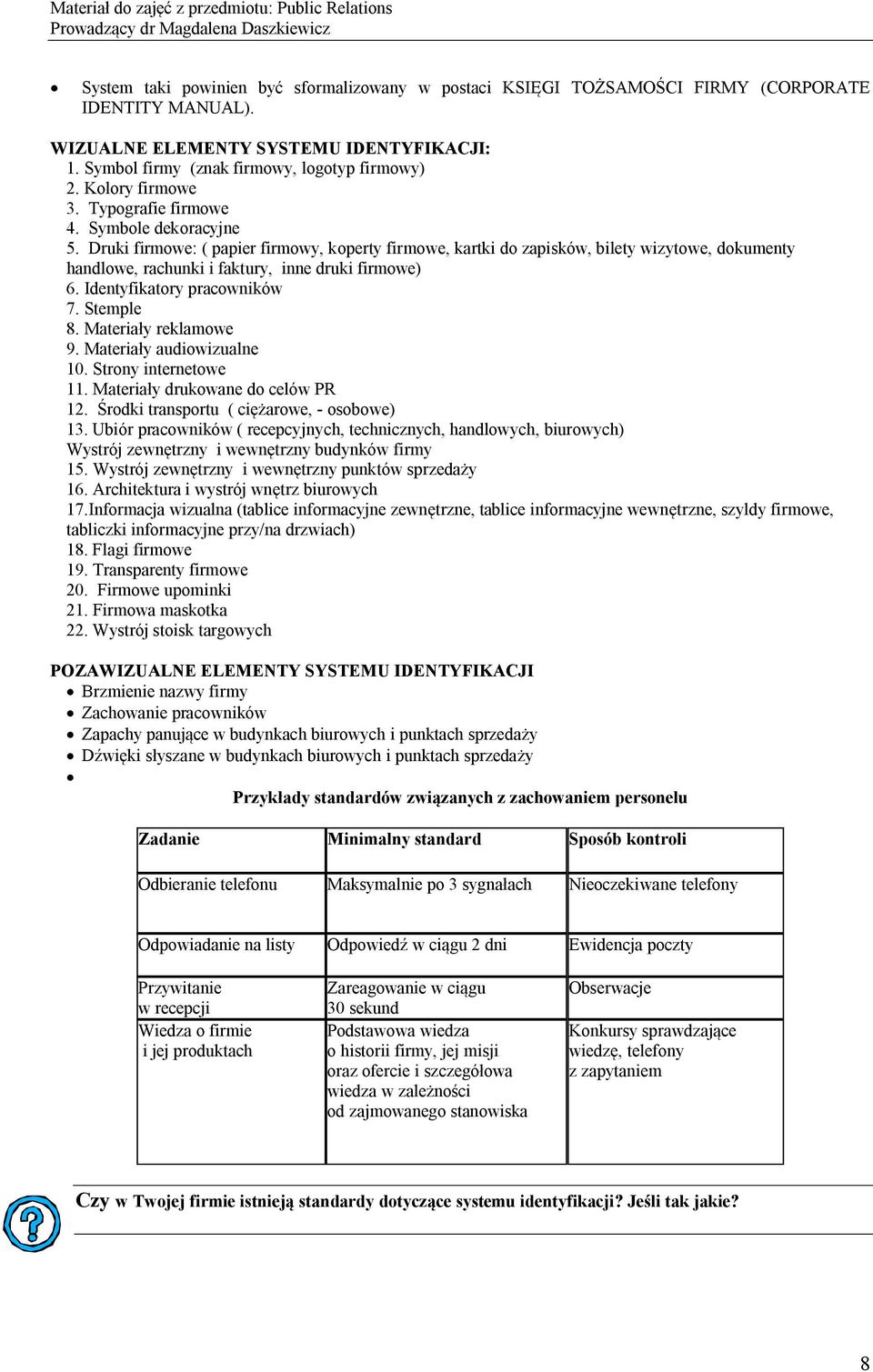 Druki firmowe: ( papier firmowy, koperty firmowe, kartki do zapisków, bilety wizytowe, dokumenty handlowe, rachunki i faktury, inne druki firmowe) 6. Identyfikatory pracowników 7. Stemple 8.