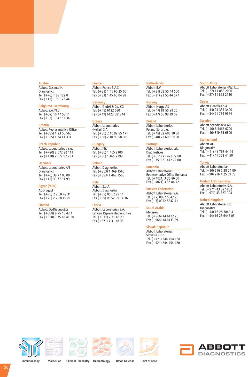 (+45) 39 77 00 00 Fax (+45) 39 77 01 99 Egypt (MEN) ADD Egypt Tel. (+20) 2 2 68 49 31 Fax (+20) 2 2 68 49 21 Finland Abbott Oy/Diagnostics Tel.
