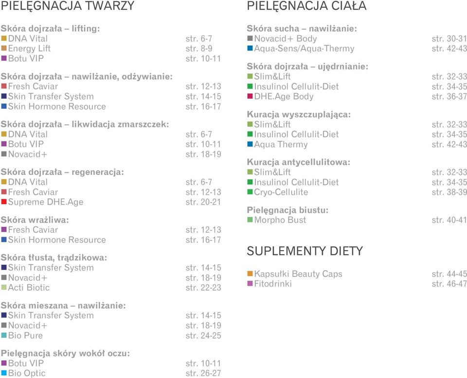 12-13 Supreme DHE.Age str. 20-21 Skóra wrażliwa: Fresh Caviar str. 12-13 Skin Hormone Resource str. 16-17 Skóra tłusta, trądzikowa: Skin Transfer System str. 14-15 Novacid+ str. 18-19 Acti Biotic str.