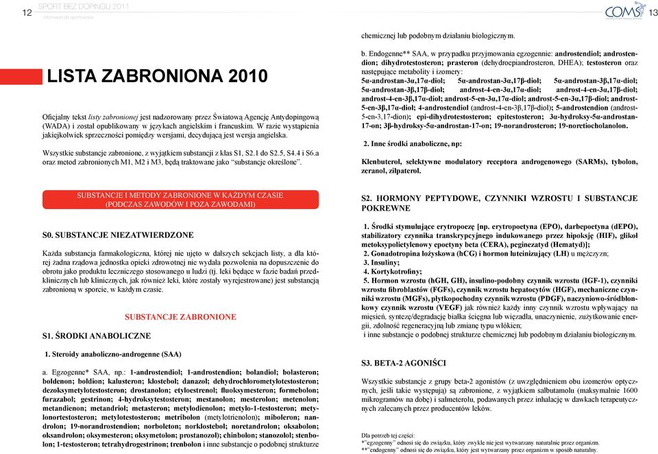 W razie wystąpienia jakiejkolwiek sprzeczności pomiędzy wersjami, decydującą jest wersja angielska. Wszystkie substancje zabronione, z wyjątkiem substancji z klas S1, S2.1 do S2.5, S4.4 i S6.