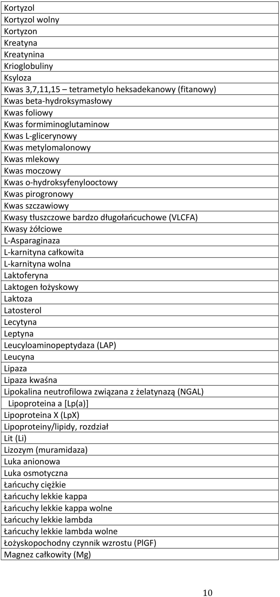 L- karnityna całkowita L- karnityna wolna Laktoferyna Laktogen łożyskowy Laktoza Latosterol Lecytyna Leptyna Leucyloaminopeptydaza (LAP) Leucyna Lipaza Lipaza kwaśna Lipokalina neutrofilowa związana