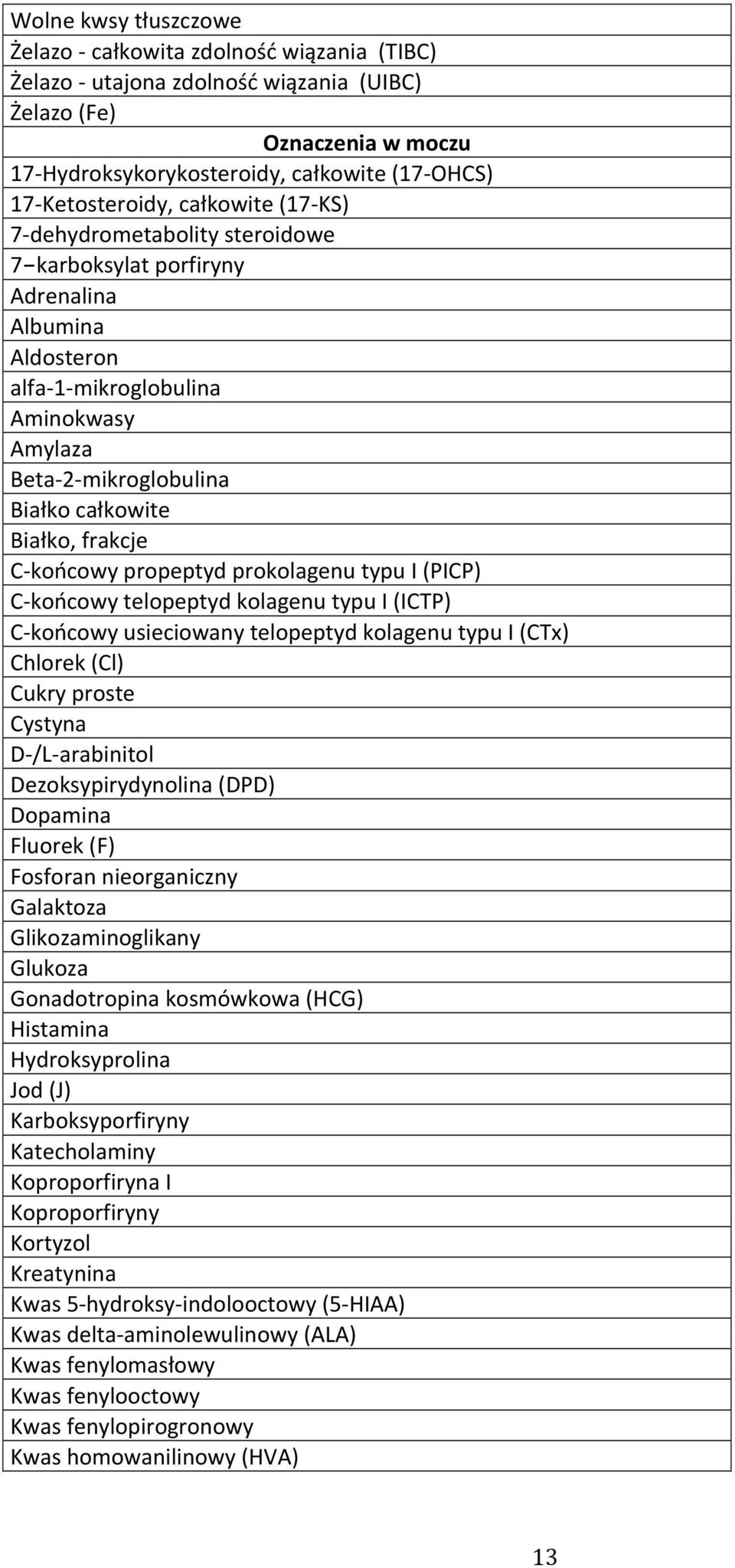 całkowite Białko, frakcje C- końcowy propeptyd prokolagenu typu I (PICP) C- końcowy telopeptyd kolagenu typu I (ICTP) C- końcowy usieciowany telopeptyd kolagenu typu I (CTx) Chlorek (Cl) Cukry proste