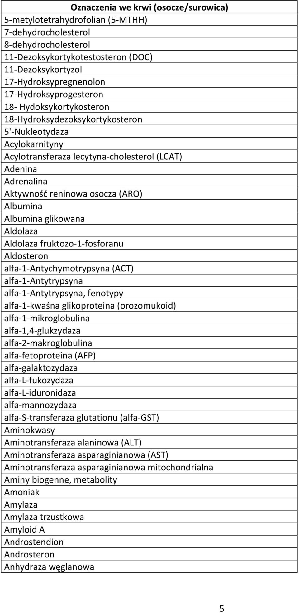 osocza (ARO) Albumina Albumina glikowana Aldolaza Aldolaza fruktozo- 1- fosforanu Aldosteron alfa- 1- Antychymotrypsyna (ACT) alfa- 1- Antytrypsyna alfa- 1- Antytrypsyna, fenotypy alfa- 1- kwaśna
