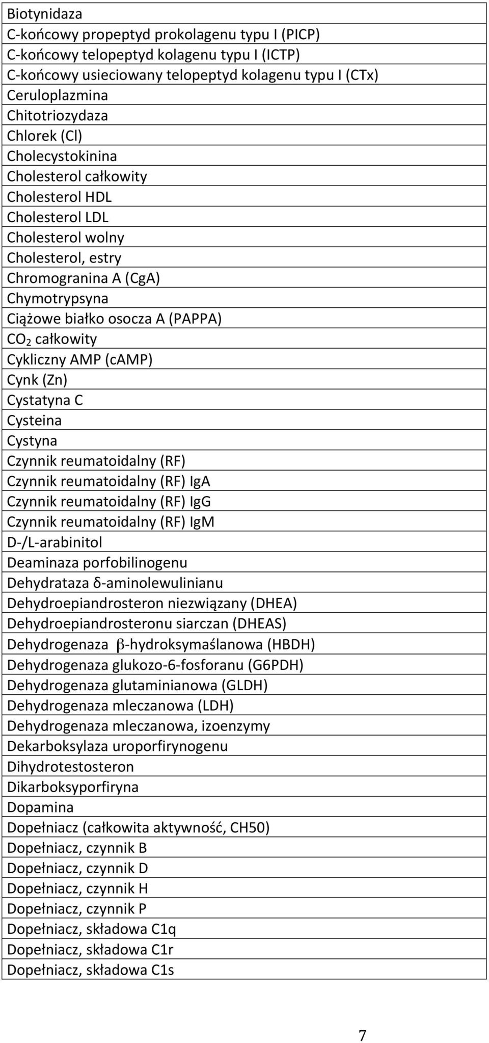 Cykliczny AMP (camp) Cynk (Zn) Cystatyna C Cysteina Cystyna Czynnik reumatoidalny (RF) Czynnik reumatoidalny (RF) IgA Czynnik reumatoidalny (RF) IgG Czynnik reumatoidalny (RF) IgM D- /L- arabinitol