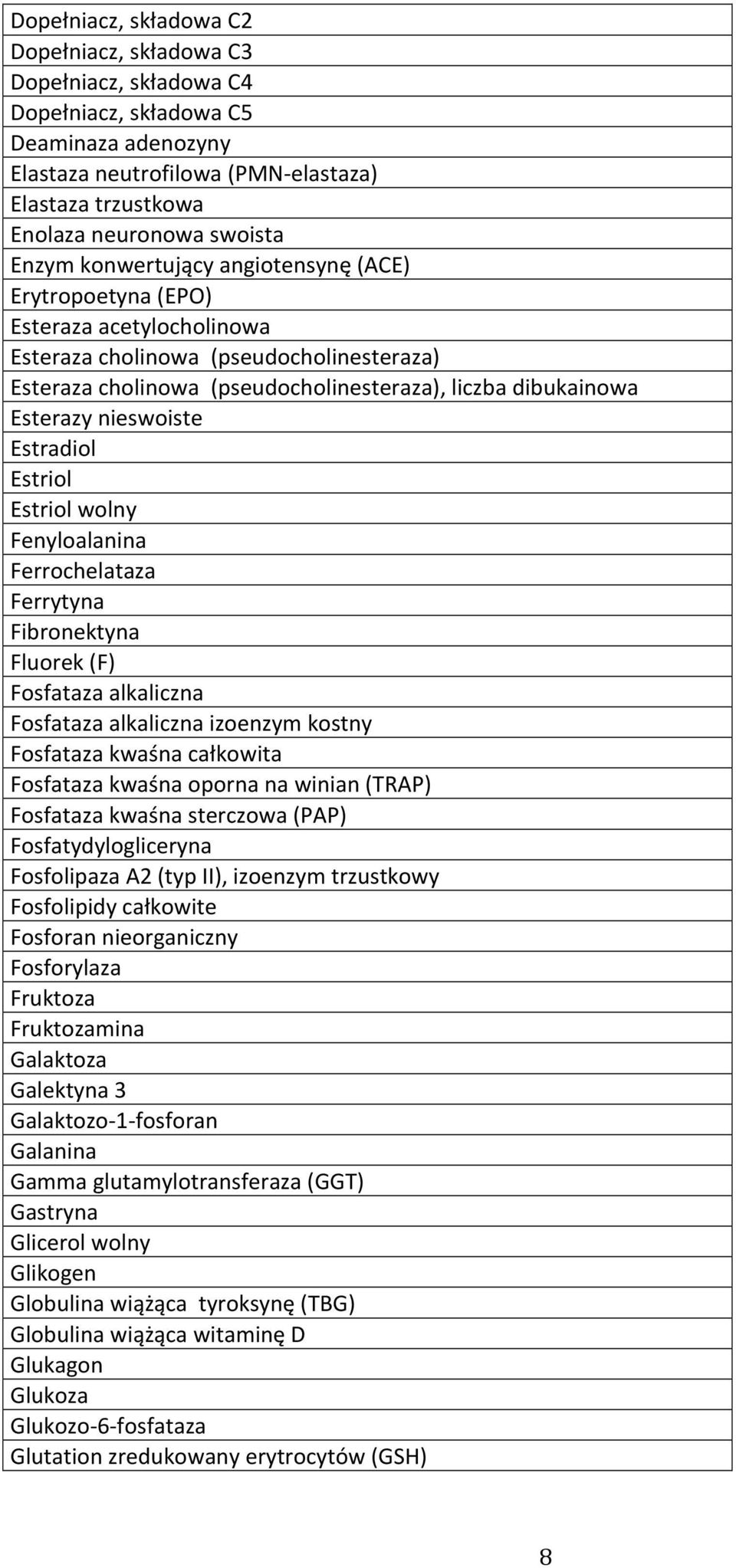 nieswoiste Estradiol Estriol Estriol wolny Fenyloalanina Ferrochelataza Ferrytyna Fibronektyna Fluorek (F) Fosfataza alkaliczna Fosfataza alkaliczna izoenzym kostny Fosfataza kwaśna całkowita