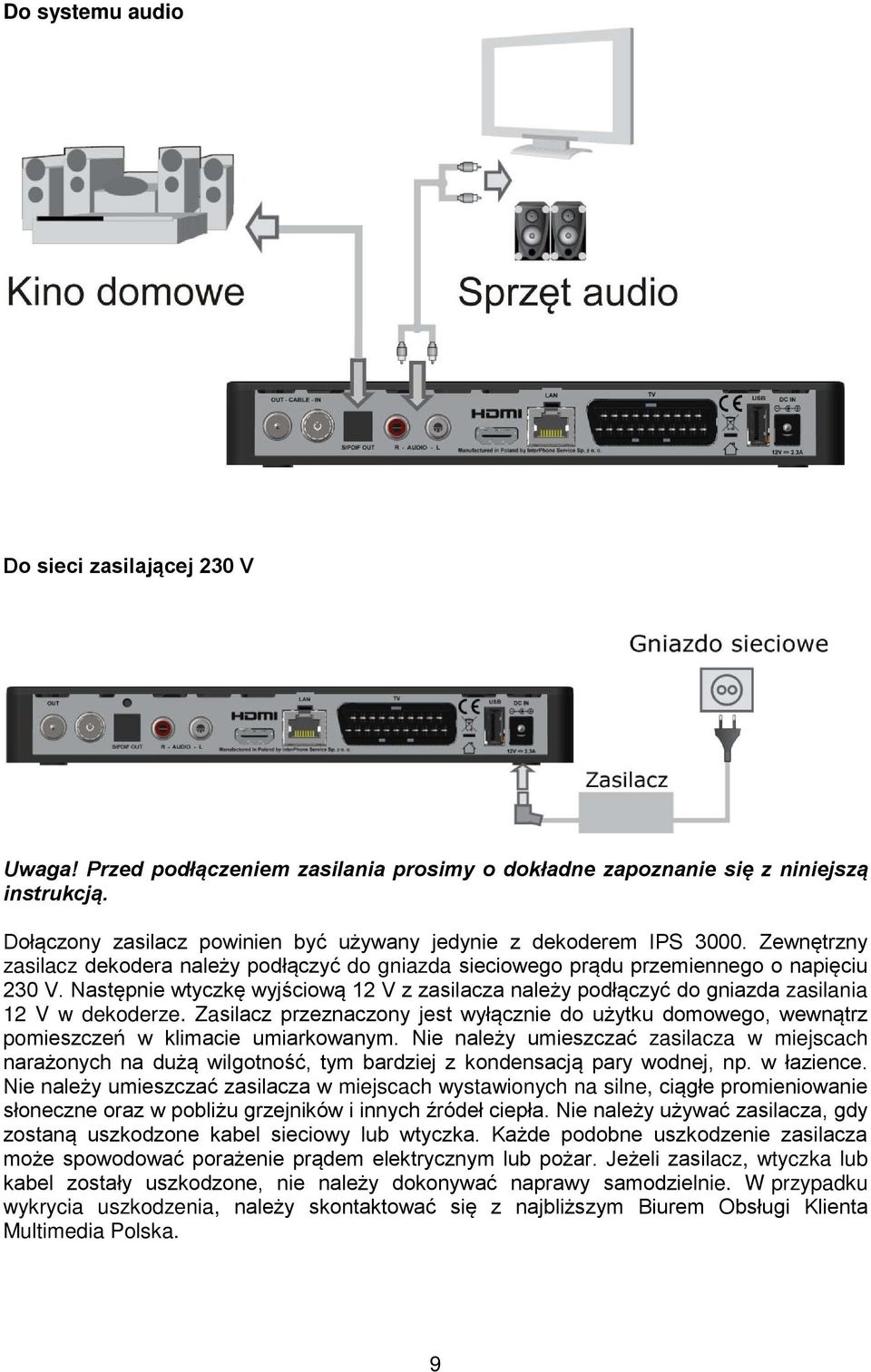 Następnie wtyczkę wyjściową 12 V z zasilacza należy podłączyć do gniazda zasilania 12 V w dekoderze.