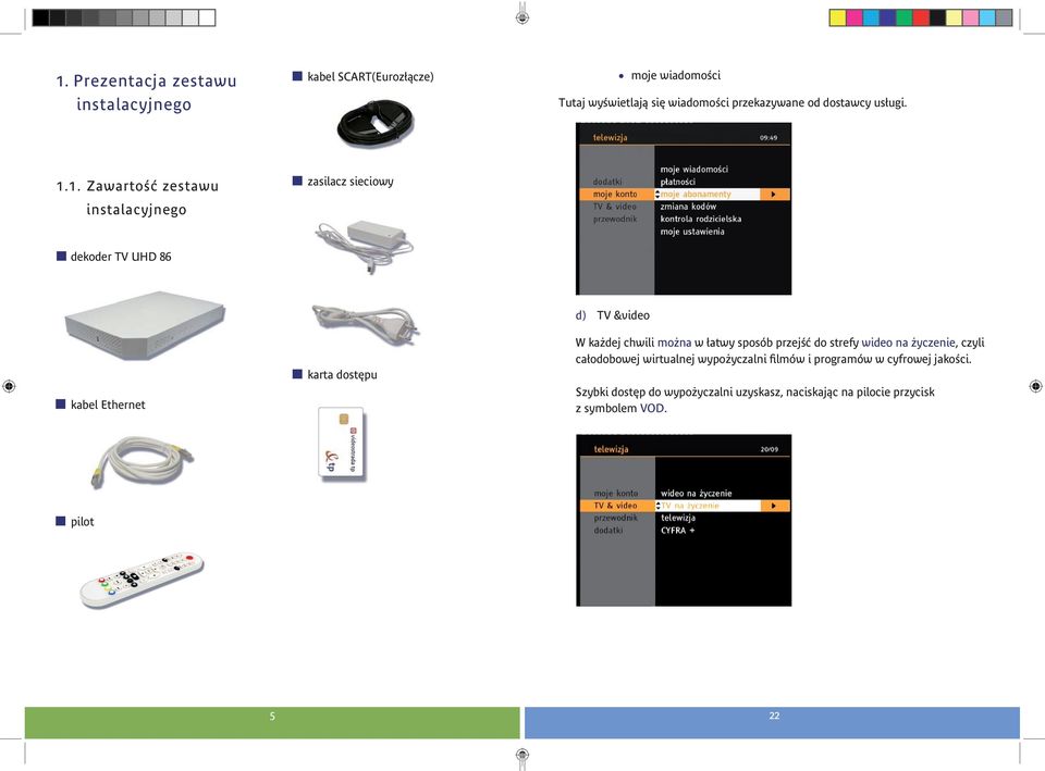 1. Zawartość zestawu instalacyjnego zasilacz sieciowy dekoder TV UHD 86 kabel Ethernet karta dostępu d) TV &video W każdej