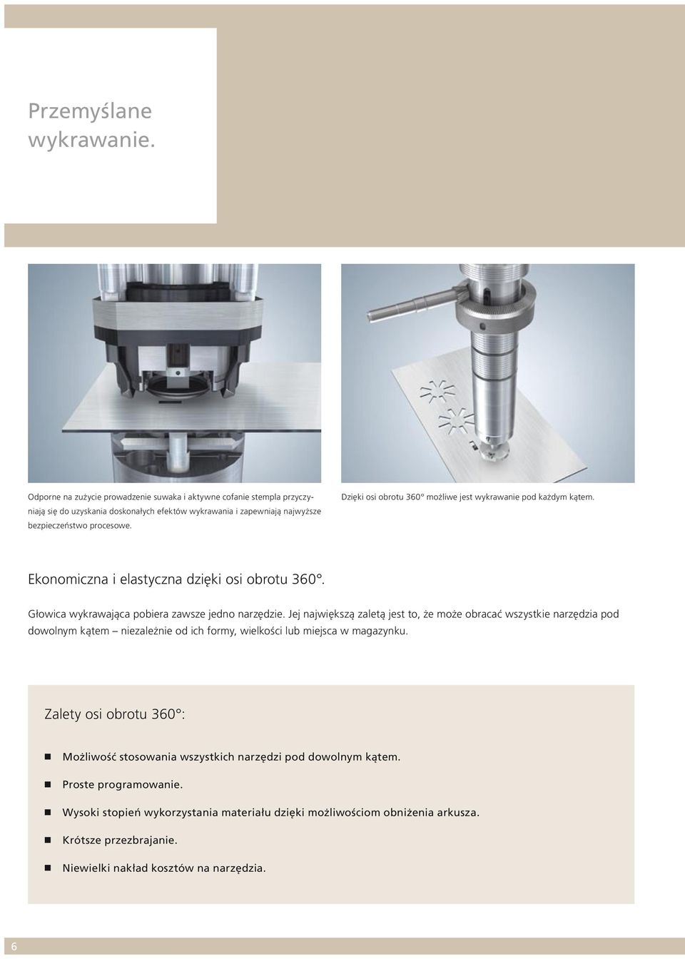 Dzięki osi obrotu 360 możliwe jest wykrawanie pod każdym kątem. Ekonomiczna i elastyczna dzięki osi obrotu 360. Głowica wykrawająca pobiera zawsze jedno narzędzie.
