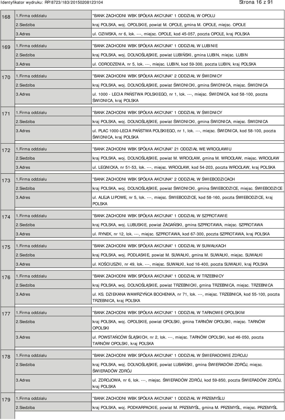 ODRODZENIA, nr 5, lok. ---, miejsc. LUBIN, kod 59-300, poczta LUBIN, kraj 170 1.Firma oddziału "BANK ZACHODNI WBK SPÓŁKA AKCYJNA" 2 ODDZIAŁ W ŚWIDNICY kraj, woj.