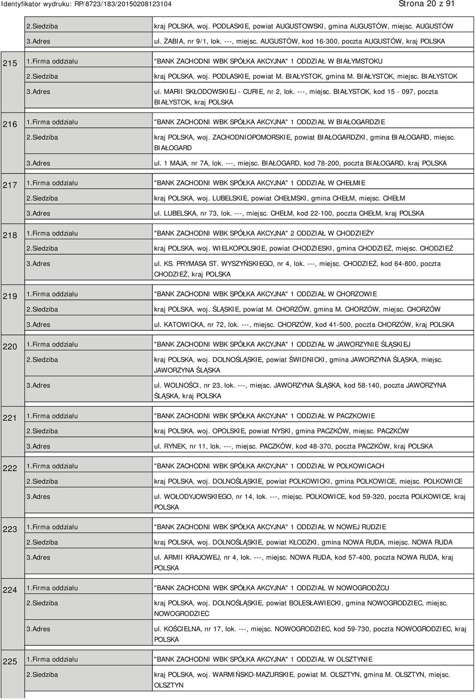 ---, miejsc. BIAŁYSTOK, kod 15-097, poczta BIAŁYSTOK, kraj 216 1.Firma oddziału "BANK ZACHODNI WBK SPÓŁKA AKCYJNA" 1 ODDZIAŁ W BIAŁOGARDZIE kraj, woj.