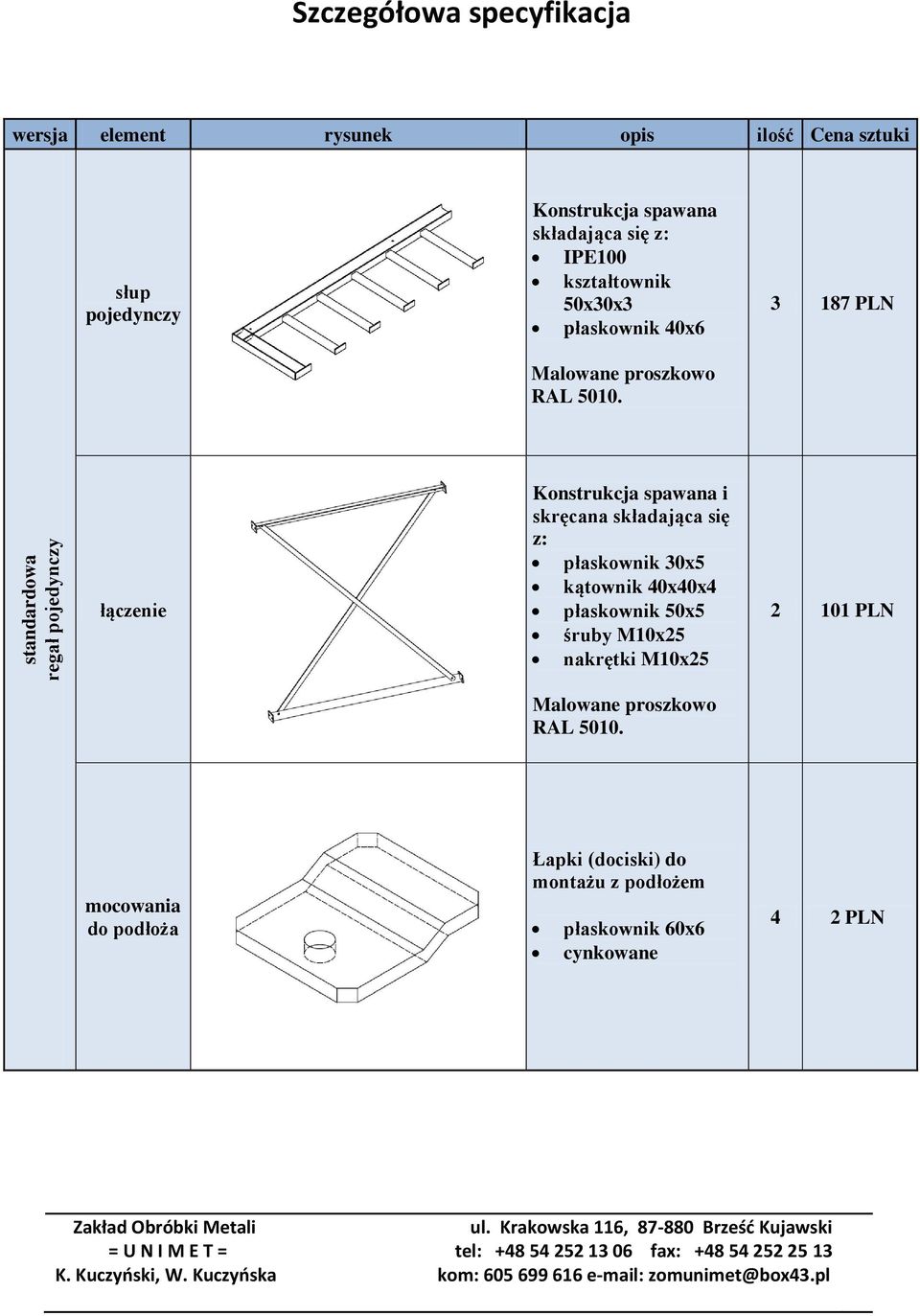 składająca się z: płaskownik 30x5 kątownik 40x40x4 płaskownik 50x5 śruby M10x25 nakrętki M10x25 2