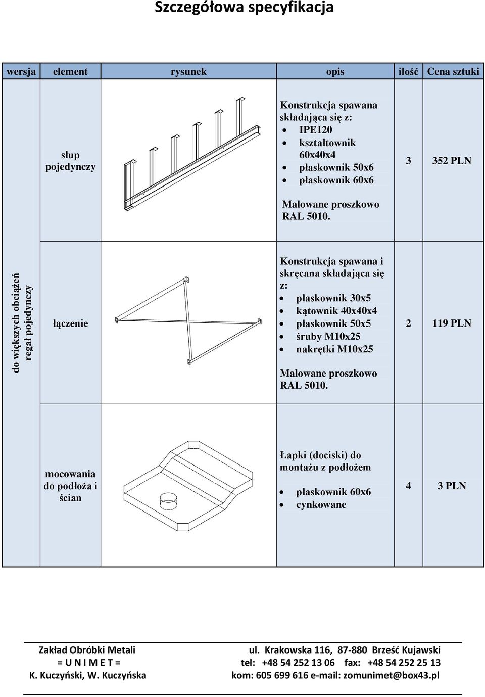 skręcana składająca się z: płaskownik 30x5 kątownik 40x40x4 płaskownik 50x5 śruby M10x25 nakrętki M10x25