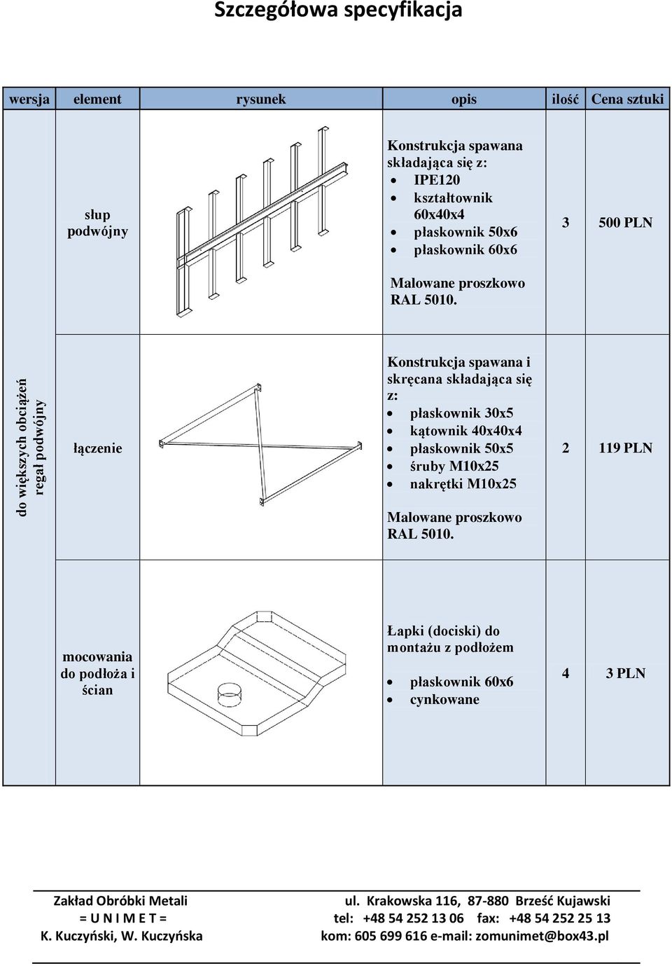 skręcana składająca się z: płaskownik 30x5 kątownik 40x40x4 płaskownik 50x5 śruby M10x25 nakrętki M10x25