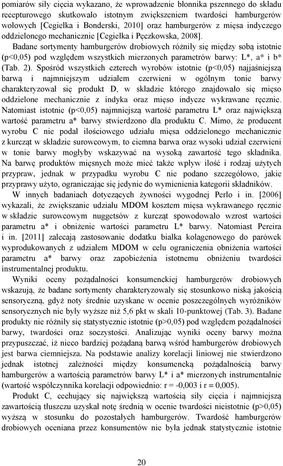 Badane sortymenty hamburgerów drobiowych różniły się między sobą istotnie (p<0,05) pod względem wszystkich mierzonych parametrów barwy: L*, a* i b* (Tab. 2).