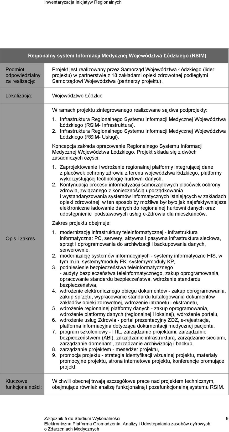 Łódzkie W ramach projektu zintegrowanego realizowane są dwa podprojekty: 1. Infrastruktura Regionalnego Systemu Informacji Medycznej Województwa Łódzkiego (RSIM- Infrastruktura). 2.