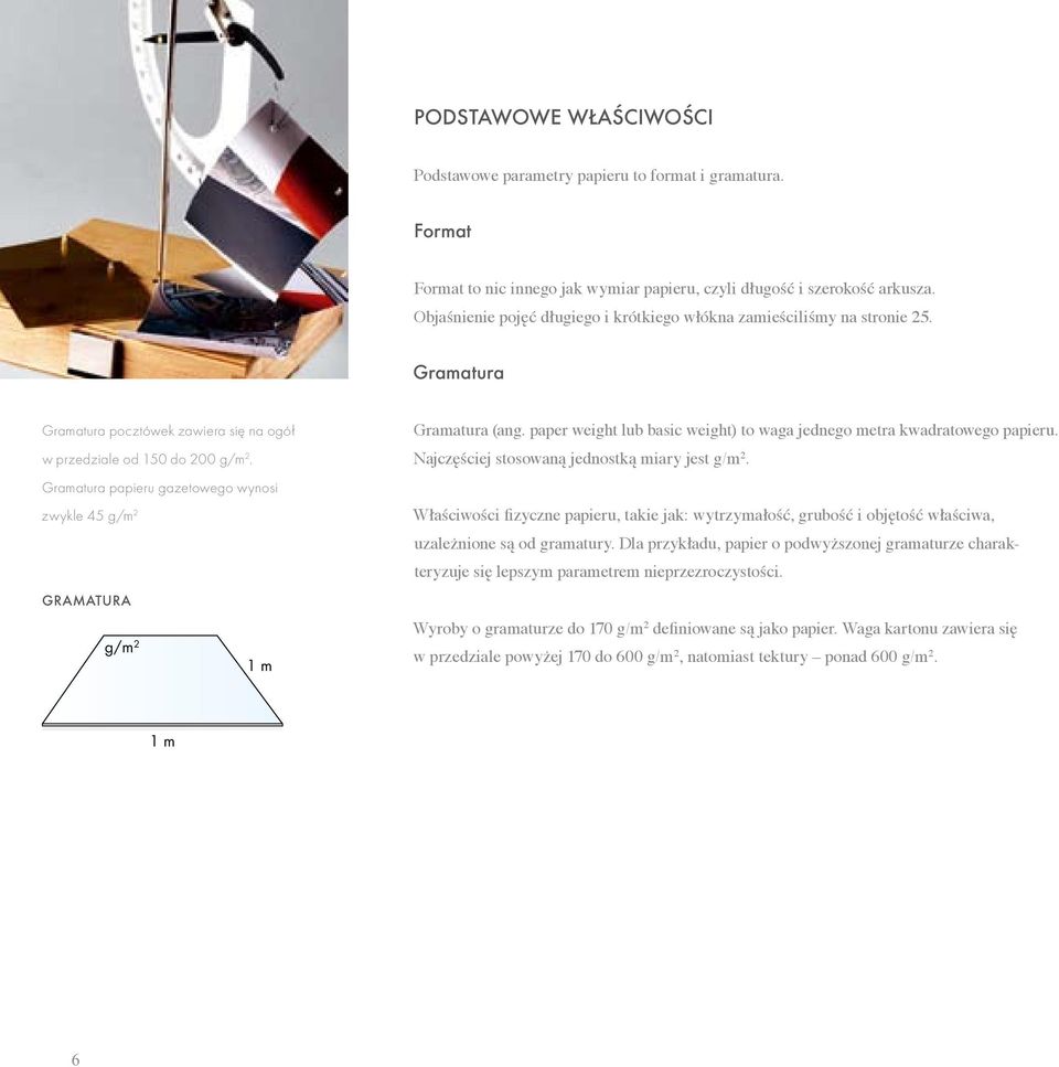 Gramatura papieru gazetowego wynosi zwykle 45 g/m 2 Gramatura g/m 2 1 m Gramatura (ang. paper weight lub basic weight) to waga jednego metra kwadratowego papieru.