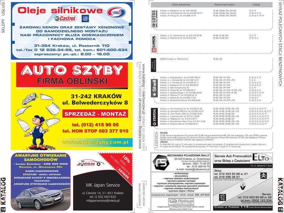 NON STOP 603 377 910 www.auto-szyby.com.pl, www.katalog dla kierowcow.pl zobacz co pisz¹ inni STACJE PRYWATNE LEGENDA Dane adresowe Asortyment paliw Us³ugi Kraków, ul. Kapelanka 14, tel.