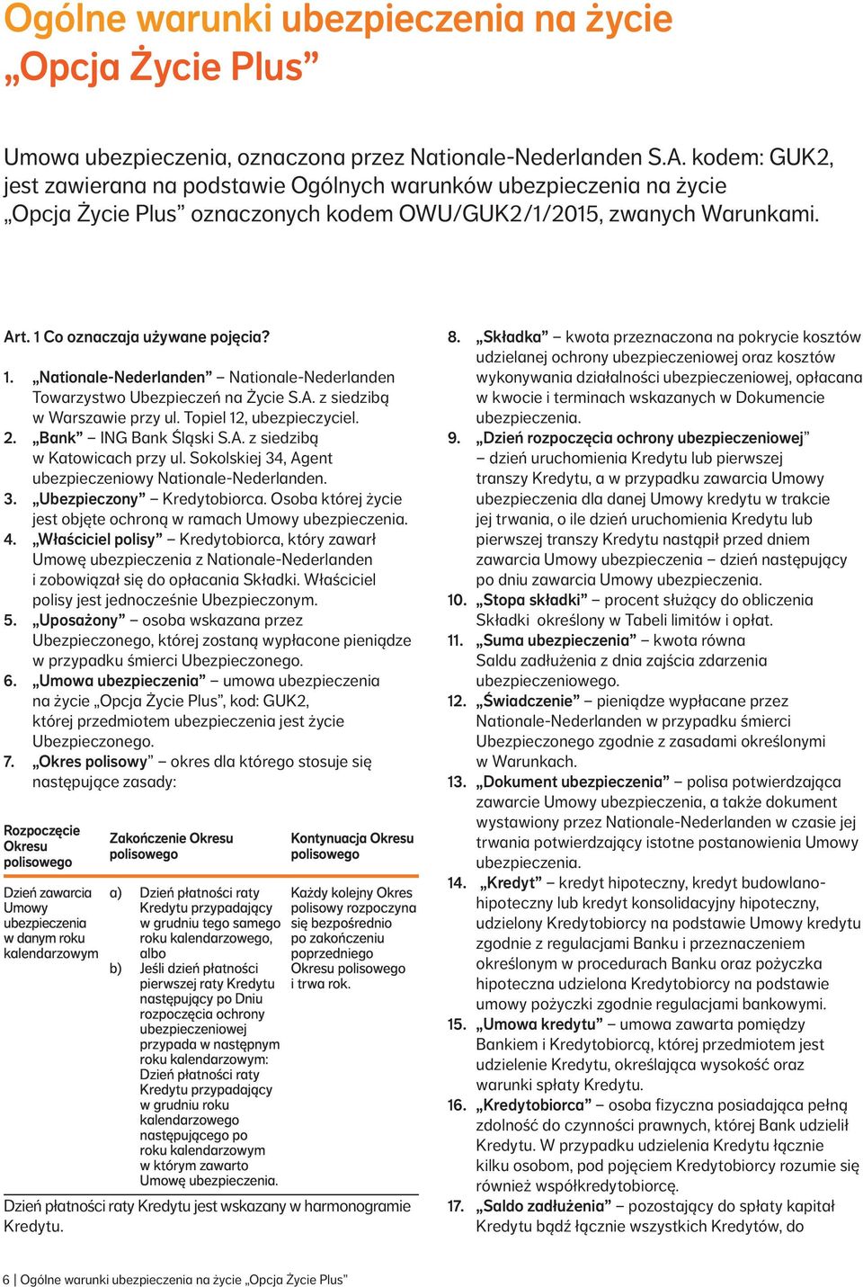 Co oznaczaja używane pojęcia? 1. Nationale Nederlanden Nationale Nederlanden Towarzystwo Ubezpieczeń na Życie S.A. z siedzibą w Warszawie przy ul. Topiel 12, ubezpieczyciel. 2. Bank ING Bank Śląski S.