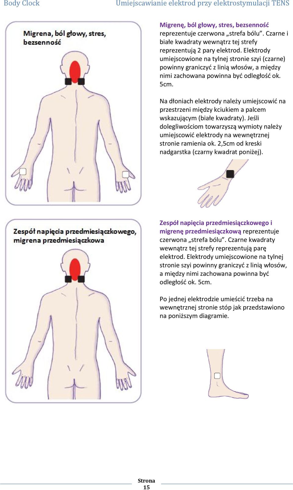 Na dłoniach elektrody należy umiejscowid na przestrzeni między kciukiem a palcem wskazującym (białe kwadraty).