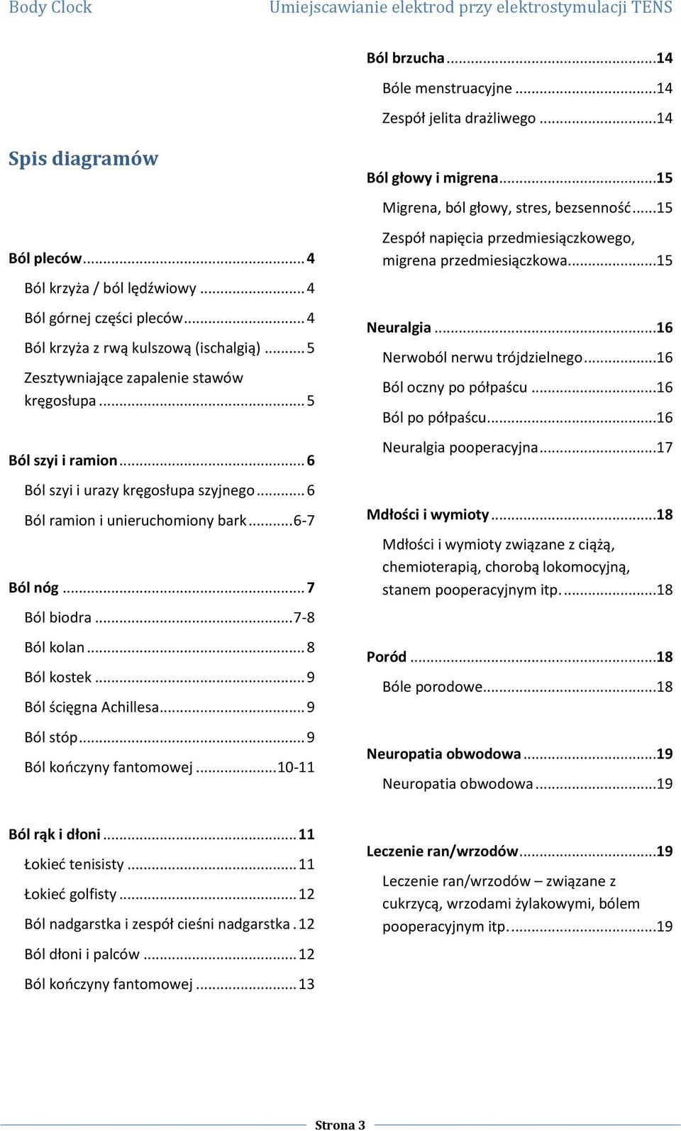 .. 8 Ból kostek... 9 Ból ścięgna Achillesa... 9 Ból stóp... 9 Ból kooczyny fantomowej... 10-11 Ból głowy i migrena...15 Migrena, ból głowy, stres, bezsennośd.