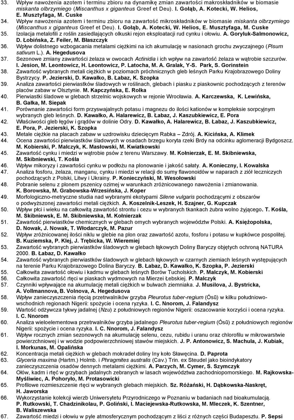 Musztyfaga, M. Cuske 35. Izolacja metalofili z roślin zasiedlających olkuski rejon eksploatacji rud cynku i ołowiu. A. Goryluk-Salmonowicz, D. Łobińska, Z. Feiler, M. Błaszczyk 36.