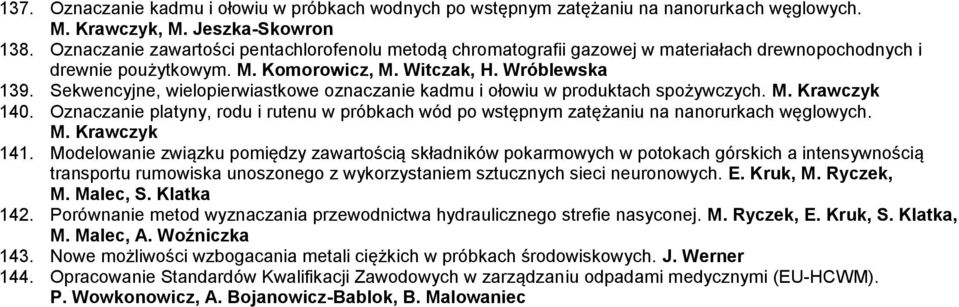 Sekwencyjne, wielopierwiastkowe oznaczanie kadmu i ołowiu w produktach spożywczych. M. Krawczyk 140. Oznaczanie platyny, rodu i rutenu w próbkach wód po wstępnym zatężaniu na nanorurkach węglowych. M. Krawczyk 141.