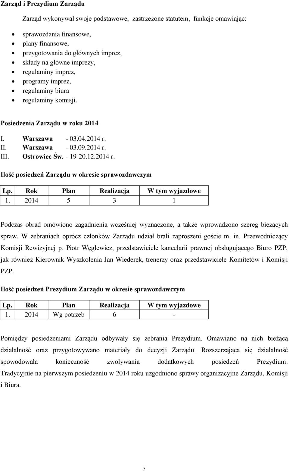 12.2014 r. Ilość posiedzeń Zarządu w okresie sprawozdawczym Lp. Rok Plan Realizacja W tym wyjazdowe 1.