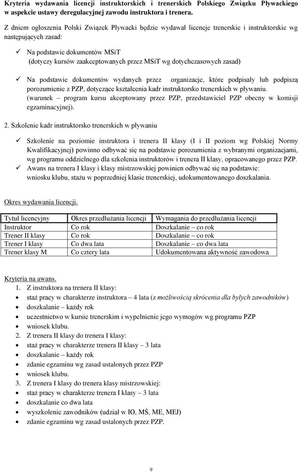 dotychczasowych zasad) Na podstawie dokumentów wydanych przez organizacje, które podpisały lub podpiszą porozumienie z PZP, dotyczące kształcenia kadr instruktorsko trenerskich w pływaniu.