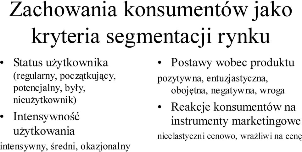 średni, okazjonalny Postawy wobec produktu pozytywna, entuzjastyczna, obojętna,