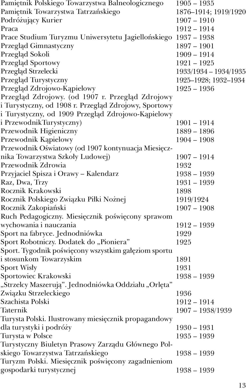 Przegląd Zdrojowy, Sportowy i Turystyczny, od 1909 Przegląd Zdrojowo-Kąpielowy i PrzewodnikTurystyczny) Przewodnik Higieniczny Przewodnik Kąpielowy Przewodnik Oświatowy (od 1907 kontynuacja