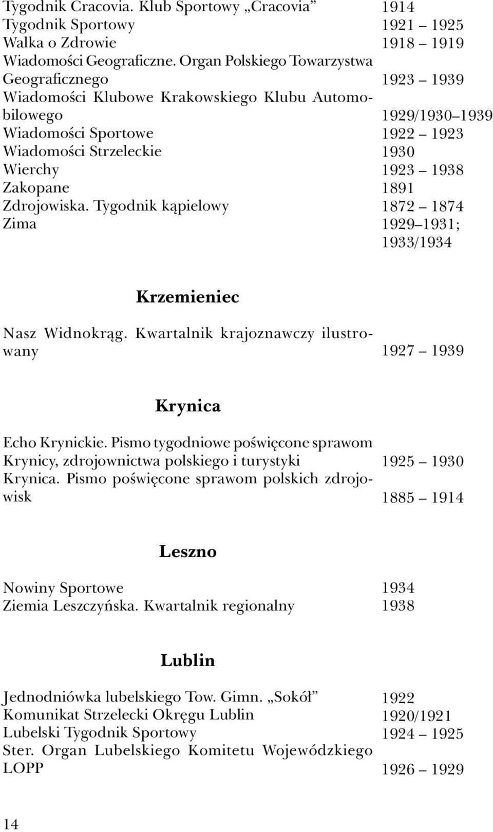 Tygodnik kąpielowy Zima 1914 1921 1925 1918 1919 1923 1939 1929/1930 1939 1922 1923 1930 1923 1891 1872 1874 1929 1931; 1933/1934 Krzemieniec Nasz Widnokrąg.