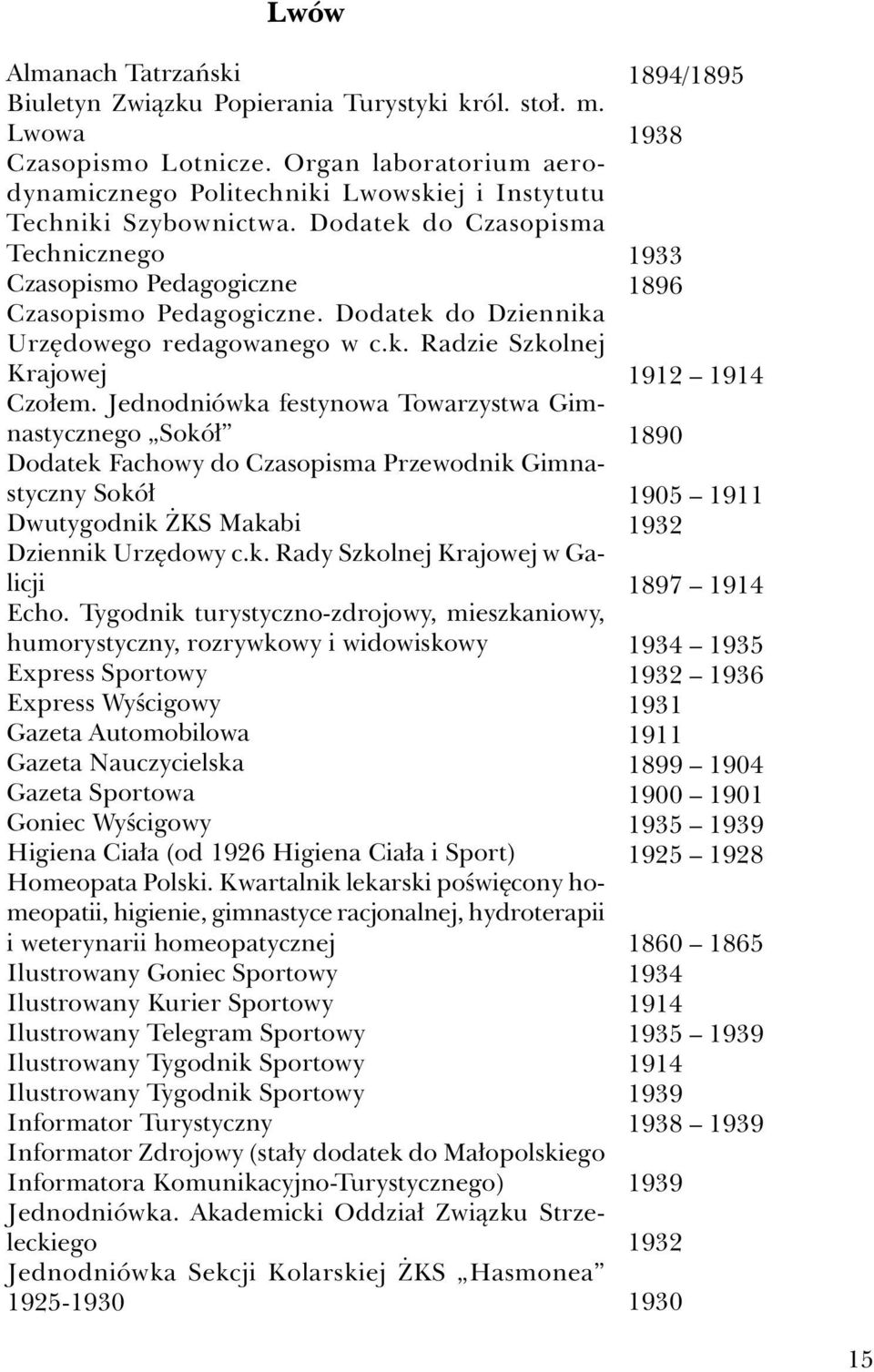 Jednodniówka festynowa Towarzystwa Gimnastycznego Sokół Dodatek Fachowy do Czasopisma Przewodnik Gimnastyczny Sokół Dwutygodnik ŻKS Makabi Dziennik Urzędowy c.k. Rady Szkolnej Krajowej w Galicji Echo.