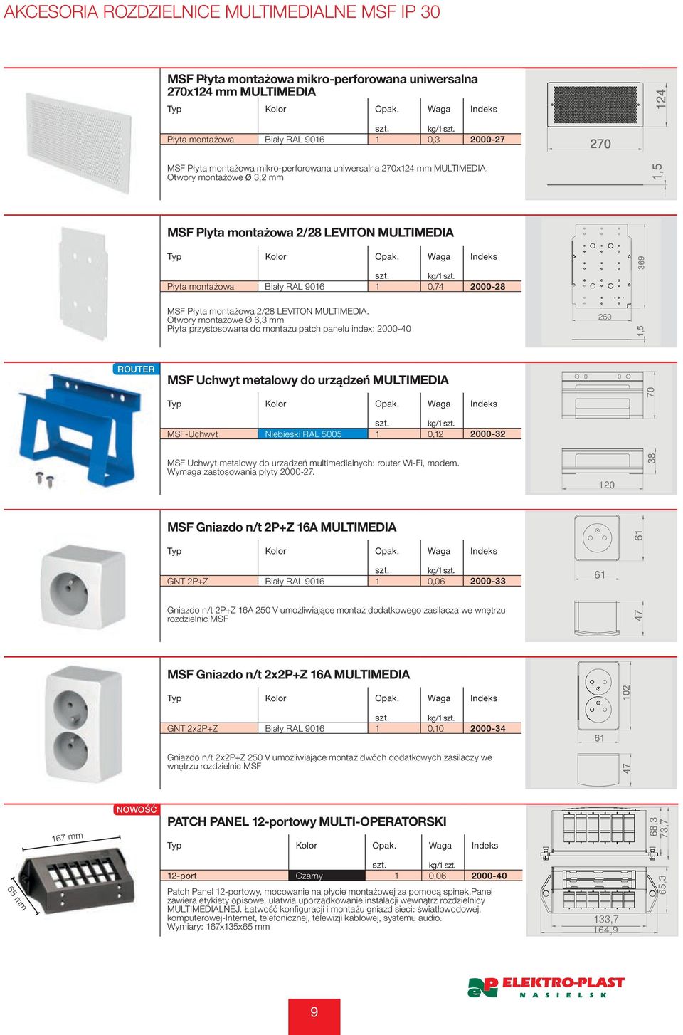 Otwory montażowe Ø 6,3 mm Płyta przystosowana do montażu patch panelu index: 2000-40 260 ROUTER MSF Uchwyt metalowy do urządzeń MULTIMEDIA 70 MSF-Uchwyt Niebieski RAL 5005 1 0,12 2000-32 MSF Uchwyt