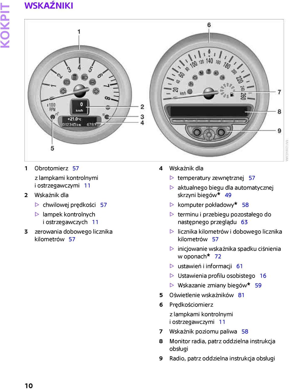 kilometrów i dobowego licznika kilometrów 57 > inicjowanie wskaźnika spadku ciśnienia woponach* 72 > ustawień iinformacji 61 > Ustawienia profilu osobistego 16 > Wskazanie zmiany biegów* 59 5