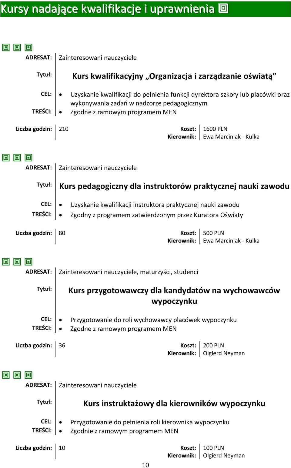 praktycznej nauki zawodu CEL: Uzyskanie kwalifikacji instruktora praktycznej nauki zawodu TREŚCI: Zgodny z programem zatwierdzonym przez Kuratora Oświaty Liczba godzin: 80 Koszt: 500 PLN Kierownik: