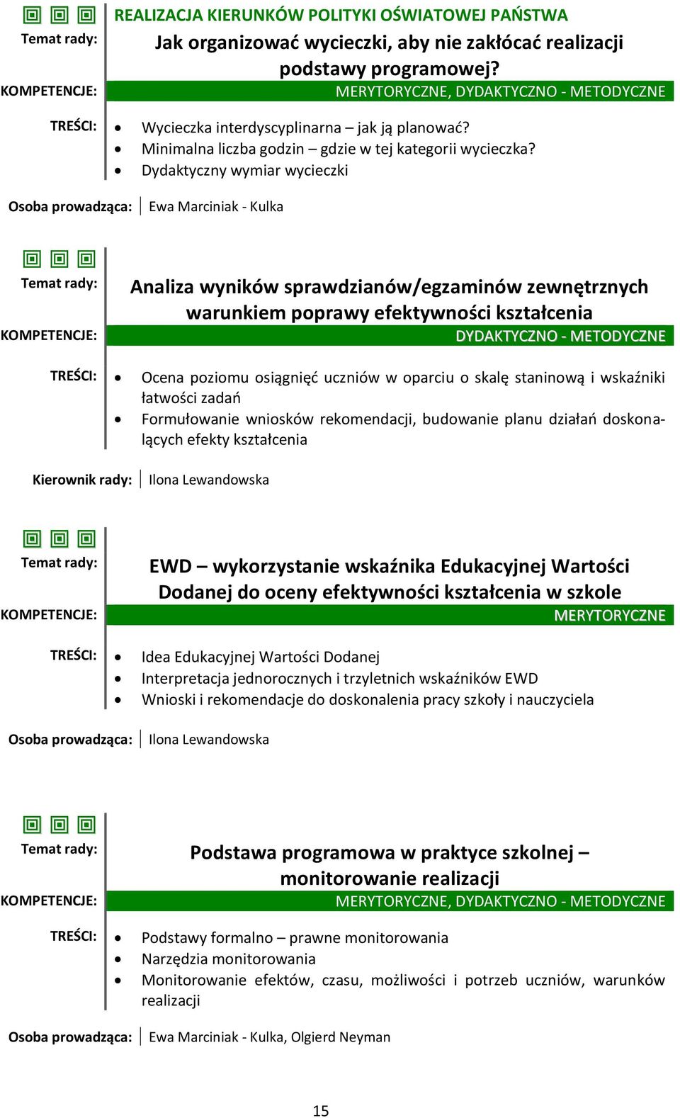 Dydaktyczny wymiar wycieczki Osoba prowadząca: Ewa Marciniak - Kulka Temat rady: Analiza wyników sprawdzianów/egzaminów zewnętrznych warunkiem poprawy efektywności kształcenia TREŚCI: Ocena poziomu