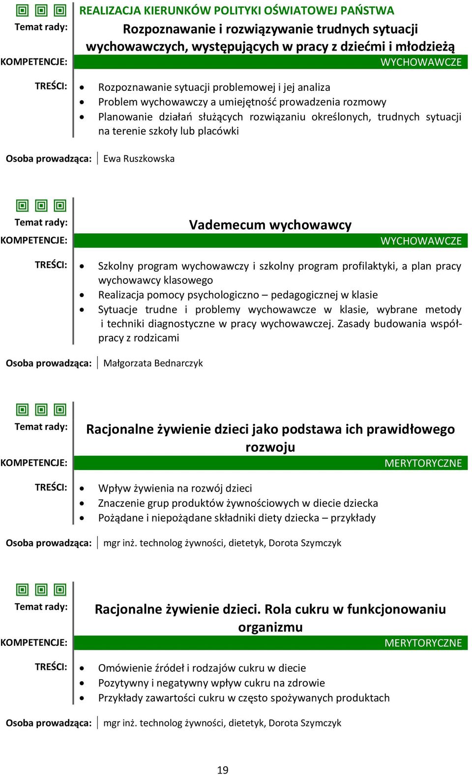 placówki Osoba prowadząca: Ewa Ruszkowska Temat rady: Vademecum wychowawcy WYCHOWAWCZE TREŚCI: Szkolny program wychowawczy i szkolny program profilaktyki, a plan pracy wychowawcy klasowego Realizacja