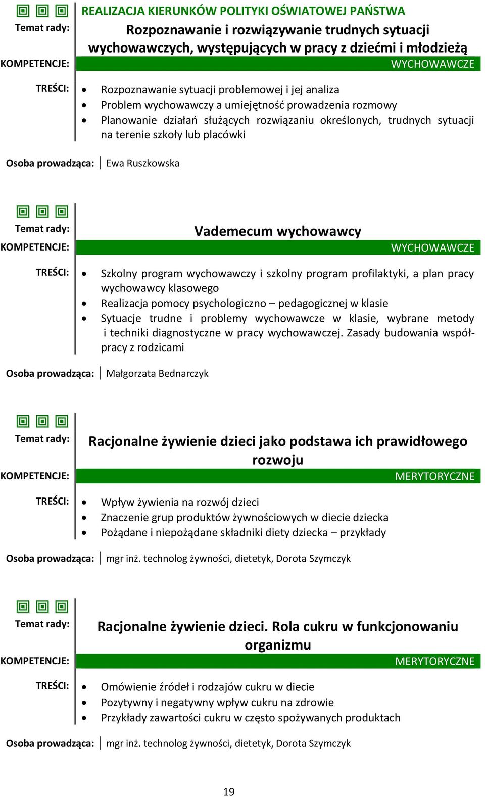 placówki Osoba prowadząca: Ewa Ruszkowska Temat rady: Vademecum wychowawcy WYCHOWAWCZE TREŚCI: Szkolny program wychowawczy i szkolny program profilaktyki, a plan pracy wychowawcy klasowego Realizacja