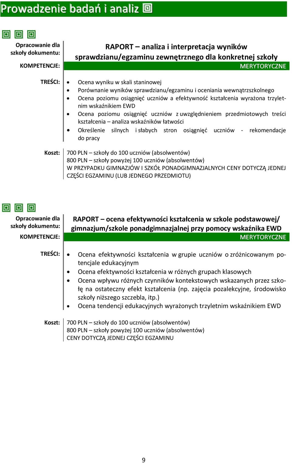 osiągnięć uczniów z uwzględnieniem przedmiotowych treści kształcenia analiza wskaźników łatwości Określenie silnych i słabych stron osiągnięć uczniów - rekomendacje do pracy Koszt: 700 PLN szkoły do