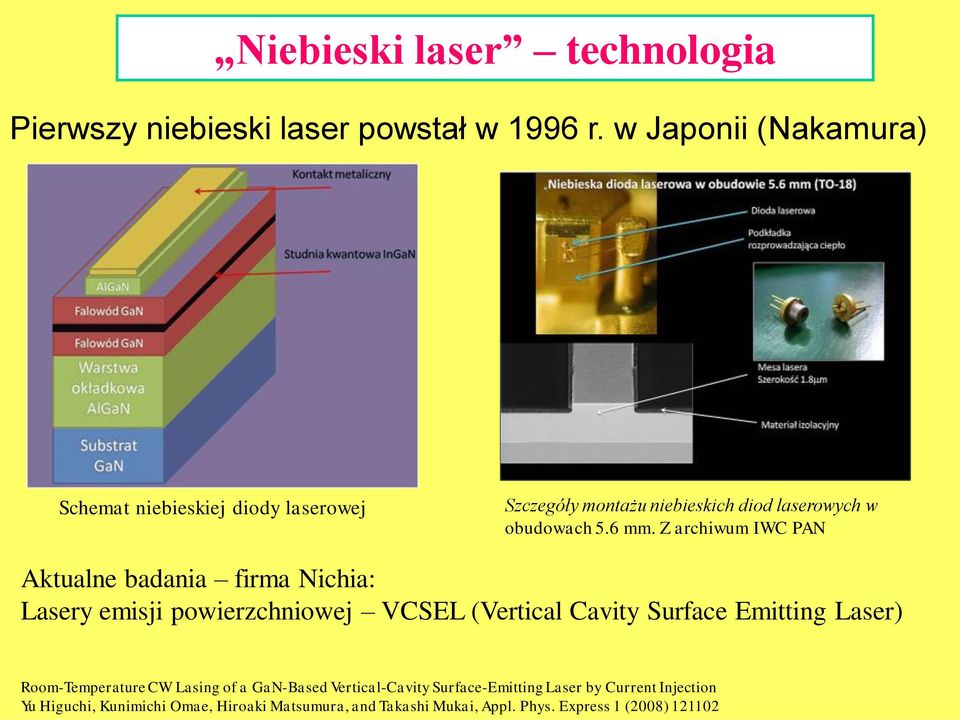 Z archiwum IWC PAN Aktualne badania firma Nichia: Lasery emisji powierzchniowej VCSEL (Vertical Cavity Surface Emitting Laser)